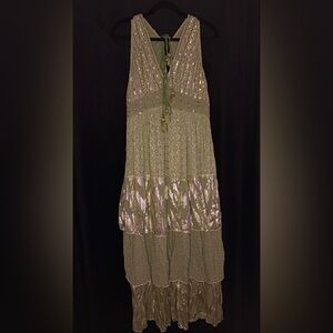 Papa Pia NWT Sage Embellished Sequin Maxi Dress Luxe Tiered Tassel V-Neck